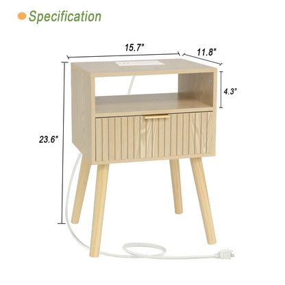 Nightstand with Charging Station, Wood Bedside Table with Drawer, Modern End Table for Bedroom and Small Spaces, Solid Wood Legs, Easy Assembly, Natural - WoodArtSupply