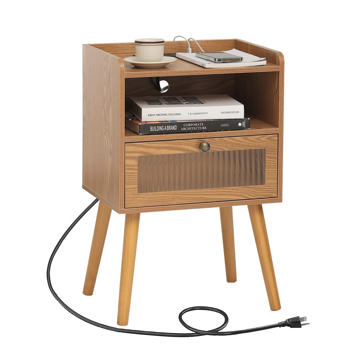 AWASEN Mid Century Nightstand with Charging Station, Modern Bedside Table with Glass Decorative Drawer, Small End Table Side Table with 2 Tiers Storage for Bedroom, Office and Small Space(Brown) AWASEN