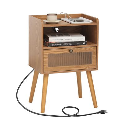 AWASEN Mid Century Nightstand with Charging Station, Modern Bedside Table with Glass Decorative Drawer, Small End Table Side Table with 2 Tiers Storage for Bedroom, Office and Small Space(Brown)