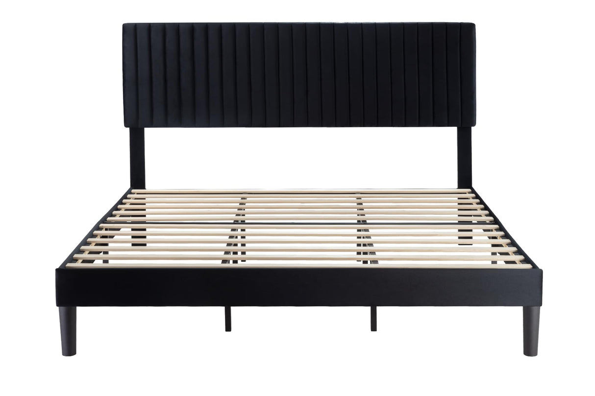 Allewie King Platform Bed Frame, Velvet Upholstered with Adjustable Vertical Channel Tufted Headboard, Mattress Foundation with Strong Wooden Slats, Box Spring Optional, Easy Assembly, Black Allewie