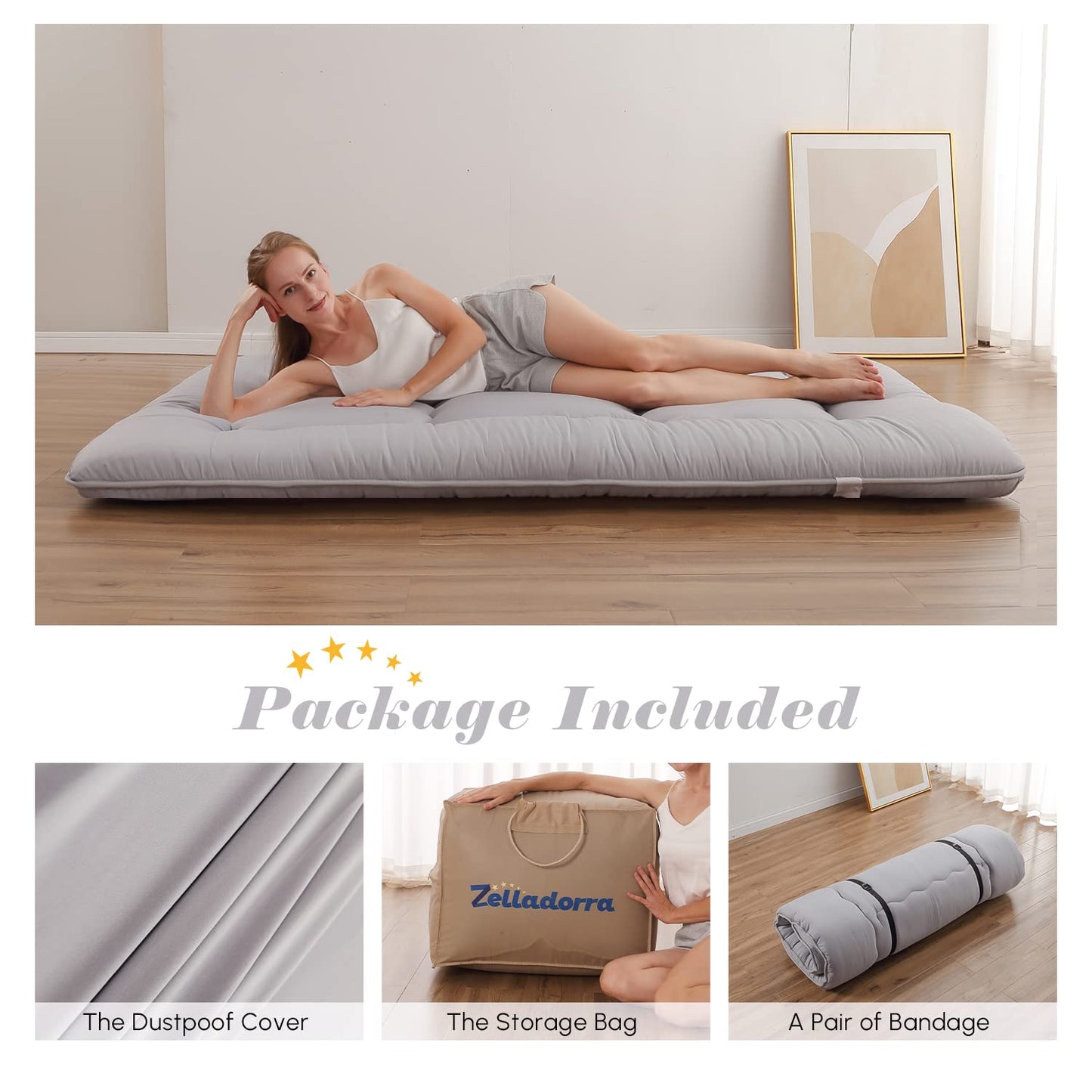 Zelladorra Japanese Floor Mattress, Futon Mattress with Portable Storage Bag, Roll Up Mattress Thick Tatami Mattress Suitable for Camping, Guest Room, Grey, Full