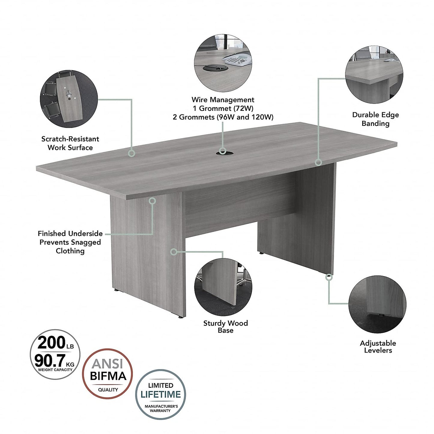 Bush Business Furniture 120W x 48D Boat Shaped Conference Table with Wood Base in Platinum Gray - WoodArtSupply