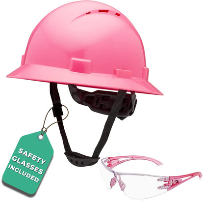 Pink Hard Hat Construction Helmet OSHA Approved Vented Full Brim Safety Pink Hard Hats for Women with Safety Glasses, Cascos De Construccion Work Hardhat, 6 Point Ratcheting System (Pink-1 +  - WoodArtSupply