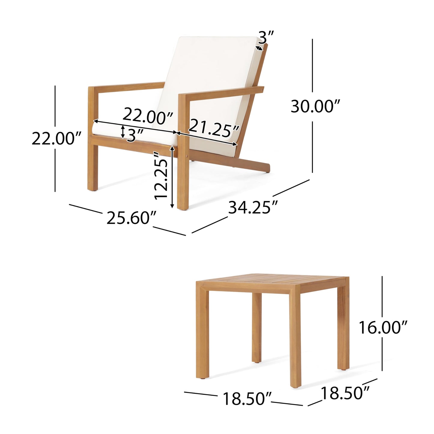 3 Piece Patio Set, Outdoor Acacia Wood Balcony Furniture, Porch Furniture Chat Set with Water Resistant Cushions, Outdoor Chairs Set of 2 for Balcony, Deck, Backyard(Not Include Throw Pillows)Teak