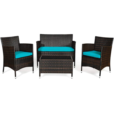 Goplus 4-Piece Rattan Patio Set, Outdoor/Indoor Wicker Conversation Set for Pool, Backyard, Lawn, Wicker Chairs and Sofa with Soft Cushion, Rattan Furniture with Tempered Glass Coffee Table Goplus