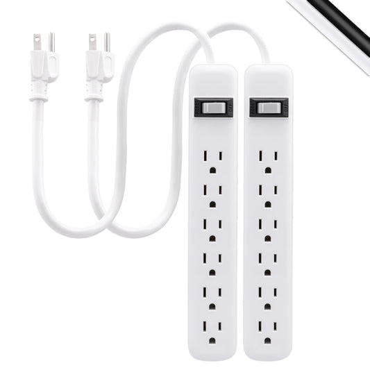 GE 6-Outlet Power Strip, 2 Pack, 1.5 Ft Extension Cord, Heavy Duty Plug, Grounded, Integrated Circuit Breaker, 3-Prong, Wall Mount, UL Listed, White, 14833 - WoodArtSupply