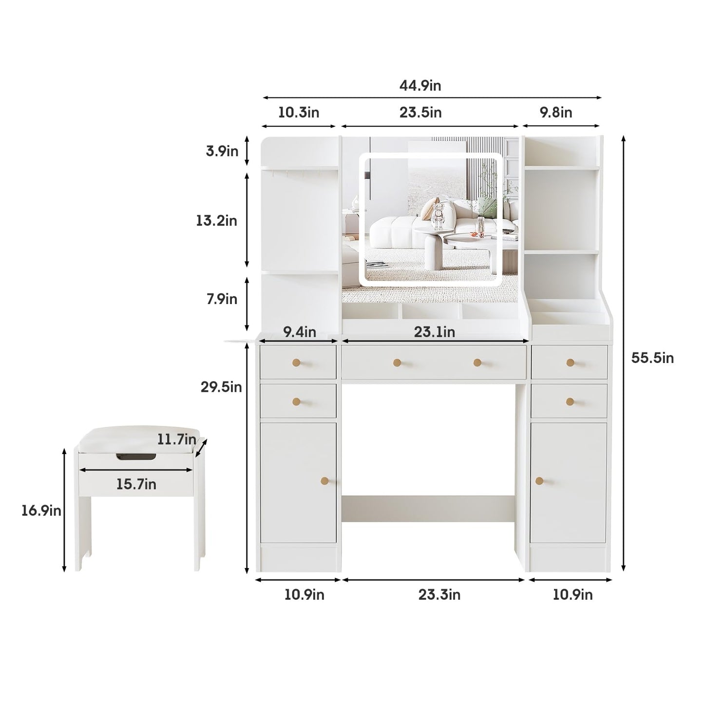 Vabches Vanity Desk with Lights, Makeup Vanity Table with Charging Station, 44.9in Big Vanity Set with 5 Drawers & Lots Storage Space, White - WoodArtSupply