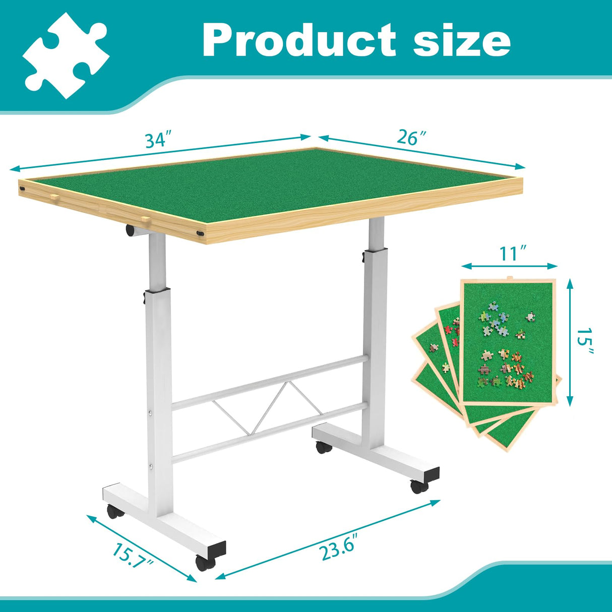 RAGOZONERY Jigsaw Puzzle Table 1500 Pieces,Adjustable Height&Up Puzzle Board with Cover and 4 Drawers,34×26in Puzzle Tables for Adults,Puzzle Board with Cover with Legs for Puzzle Doer RAGOZONERY