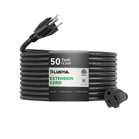 PLUGTUL Outdoor Extension Cord 50 FT Waterproof, 16/3 Gauge Black Heavy Duty 3 Prong Extension Cord, 13A 1625W SJTW, ETL Listed, Great for Garden and Home PLUGTUL