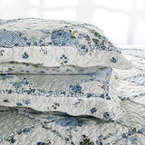 VIVILINEN Blue Floral Patchwork Quilt Set King Size Reversible Quilted Bedding Set with 2 Pillowcases VIVILINEN