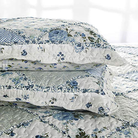 VIVILINEN Blue Floral Patchwork Quilt Set King Size Reversible Quilted Bedding Set with 2 Pillowcases VIVILINEN