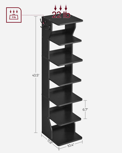 VASAGLE 7-Tier Vertical Shoe Rack, Narrow Shoe Storage Organizer with Hooks, Slim Corner Shoe Tower Rack, Space Saving for Entryway and Bedroom, Black ULBS200T16