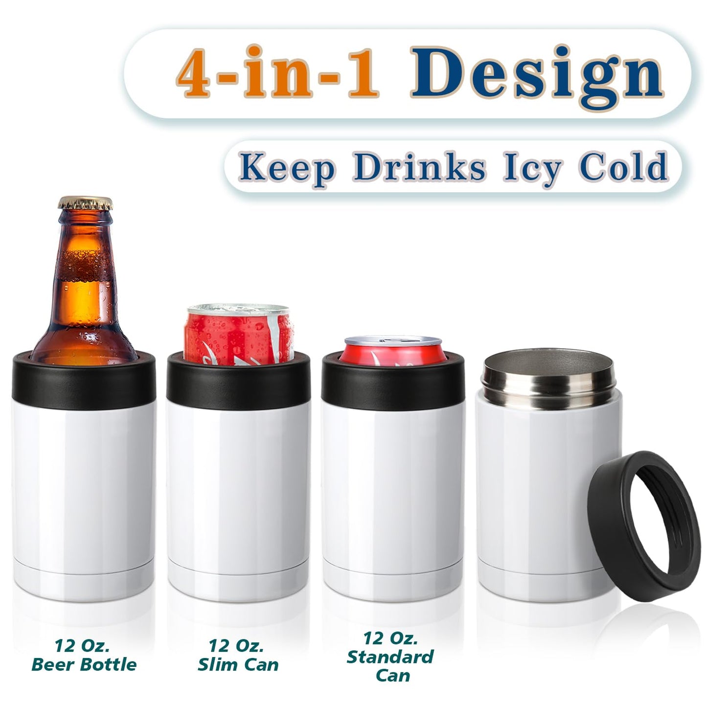 Stepstall 12oz Sublimation Can Cooler, 4 Packs Sublimation Tumbler Blank Stainless Steel Double Wall Vacuum Insulated Can Holder Sublimation Tumbler with Polymer Coating for Heat Transfer