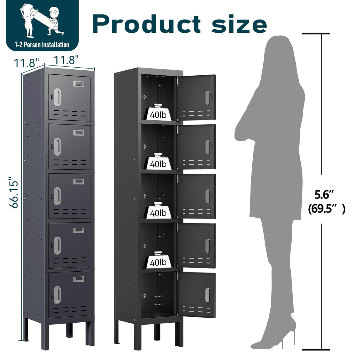 BUTISOW Metal Lockers - 66" Height Steel Lockers for Employees with 5 Door Storage Locker with Card Slot for Employees Gym School Home Office Garage - Assembly Required BUTISOW