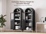 BELLEZE Modern Arched Kitchen Pantry, 5-Tier Wood Decorative Storage Cabinet with Reeded Glass Door and Adjustable Shelves, Freestanding Accent Display Cabinet for Home Living Room, Black BELLEZE