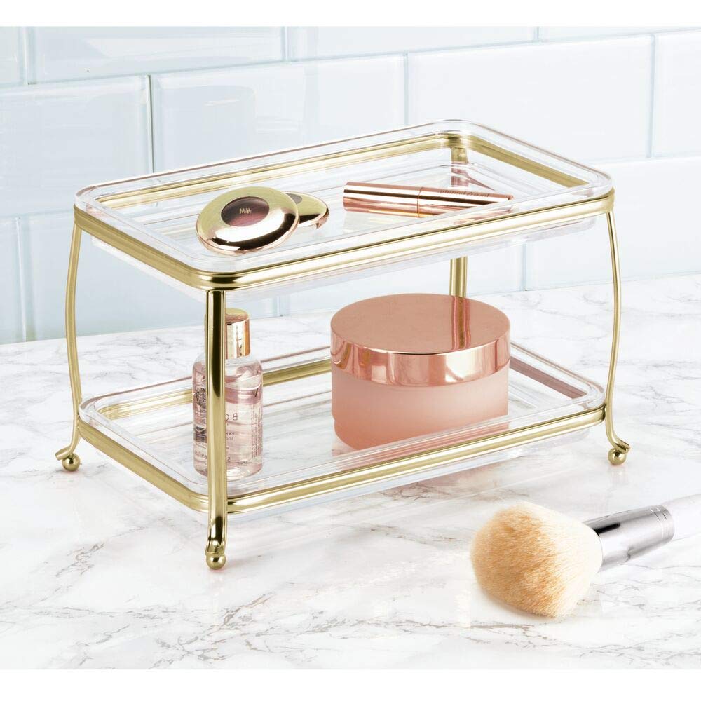 mDesign Decorative Makeup Storage Organizer Vanity Tray for Bathroom Counter Tops, 2 Levels to Hold Makeup Brushes, Eyeshadow Palettes, Lipstick, Perfume and Jewelry - Soft Brass/Clear mDesign