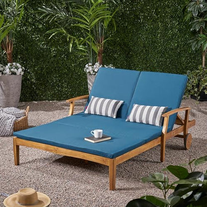 XD Designs Outdoor Double Chaise Lounge Chairs, All Weather Acacia Wood Frame Patio Reclining Daybed Sunbed with Cushions and Adjustable Backrest for 2 People