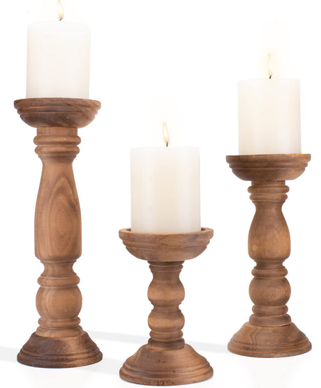 Farmhouse Wooden Candle Holders for Pillar Candles Set of 3, Rustic Wood Candle Holder Table Centerpiece Decor, 12'' 9'' 6'' Vintage Tall Candle Stand Decorative, Brown BANOMII