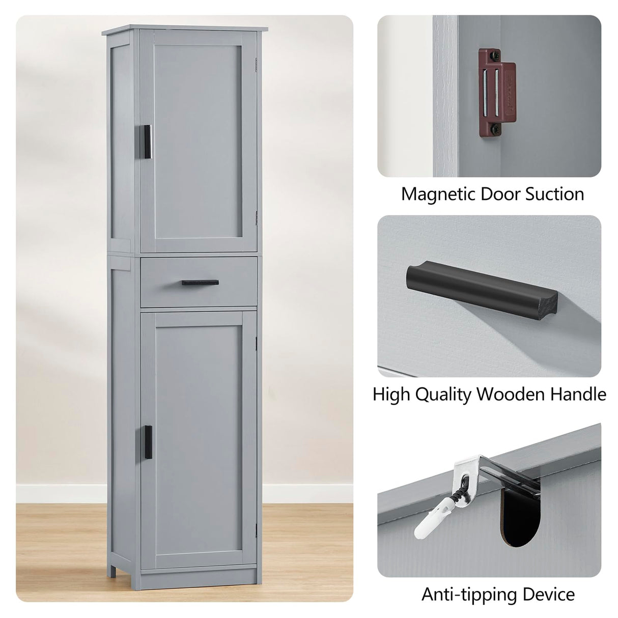 usikey 67“ Tall Bathroom Cabinet, Storage Cabinet with 4 Shelves & 2 Doors, Narrow Storage Cabinet for Bathroom, Living Room, Home Office, Grey usikey