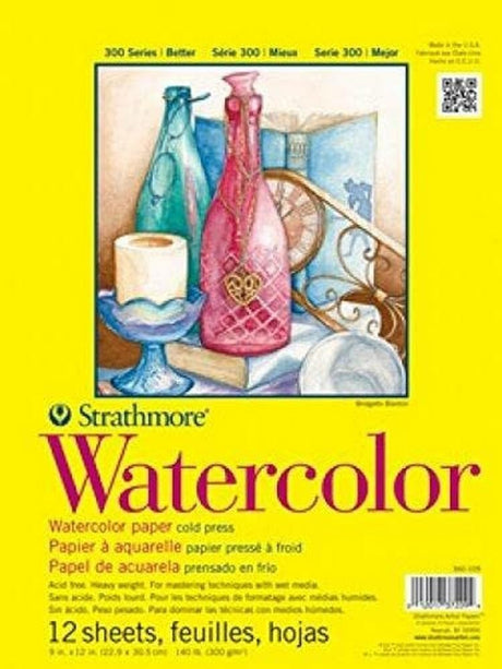 Strathmore 300 Series Watercolor Paper Pad, Tape Bound, 9x12 inches, 12 Sheets (140lb/300g) - Artist Paper for Adults and Students - Watercolors, Mixed Media, Markers and Art Journaling Strathmore