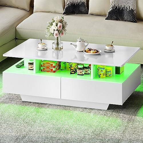 YITAHOME LED Coffee Table with Storage, Modern Coffee Tables for Living Room, High Glossy LED Coffee Table with Open Display Shelf & Sliding 4 Drawers, Rectangular Small Center Table, White