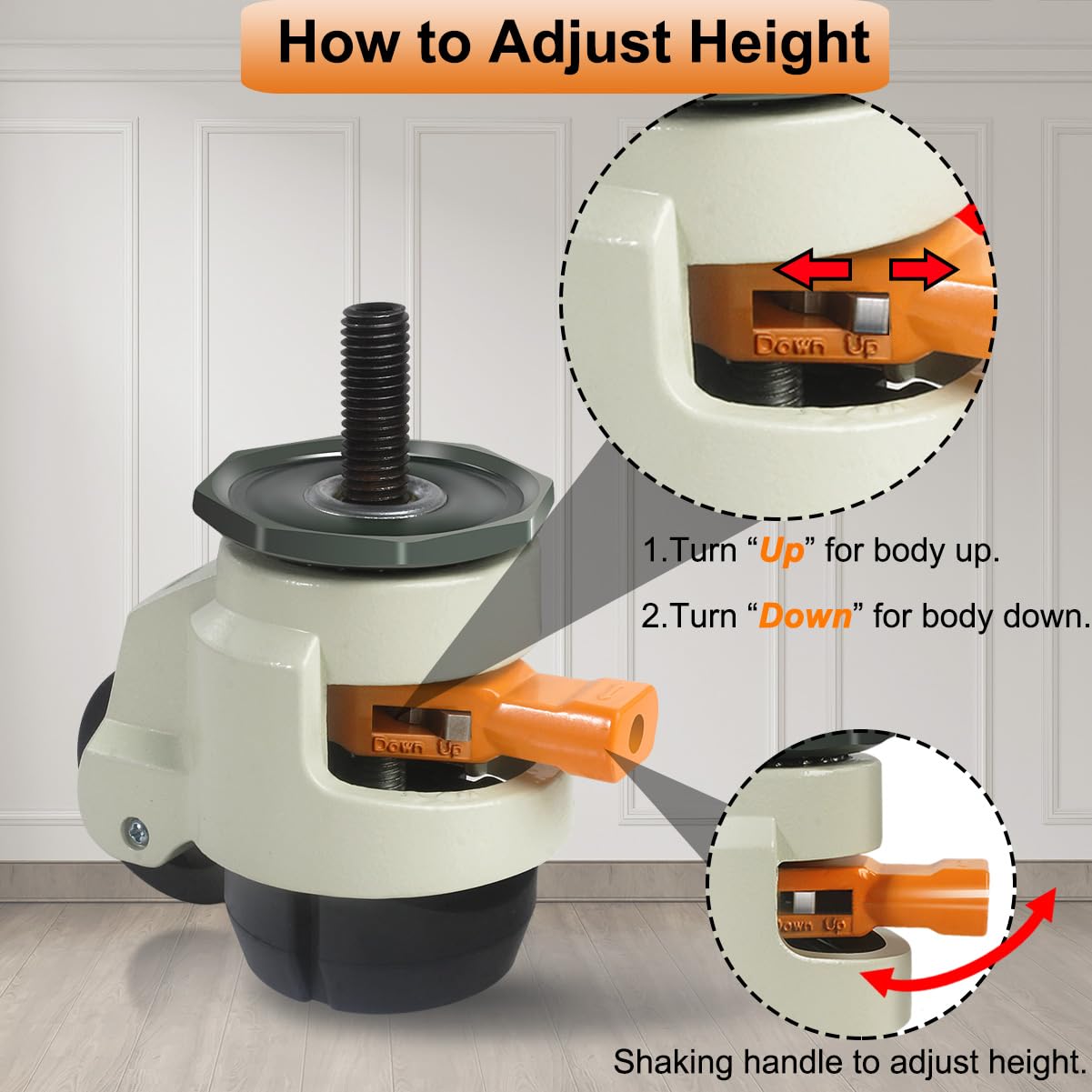 Leveling Stem Casters, M12 Thread Casters Set of 4 Heavy Duty with Leveling feet, 2200 LBS Retractable Caster Wheels with Upgraded Ratchet Arm, Adjustable Height Casters for Workbench, Machine Wieyunn