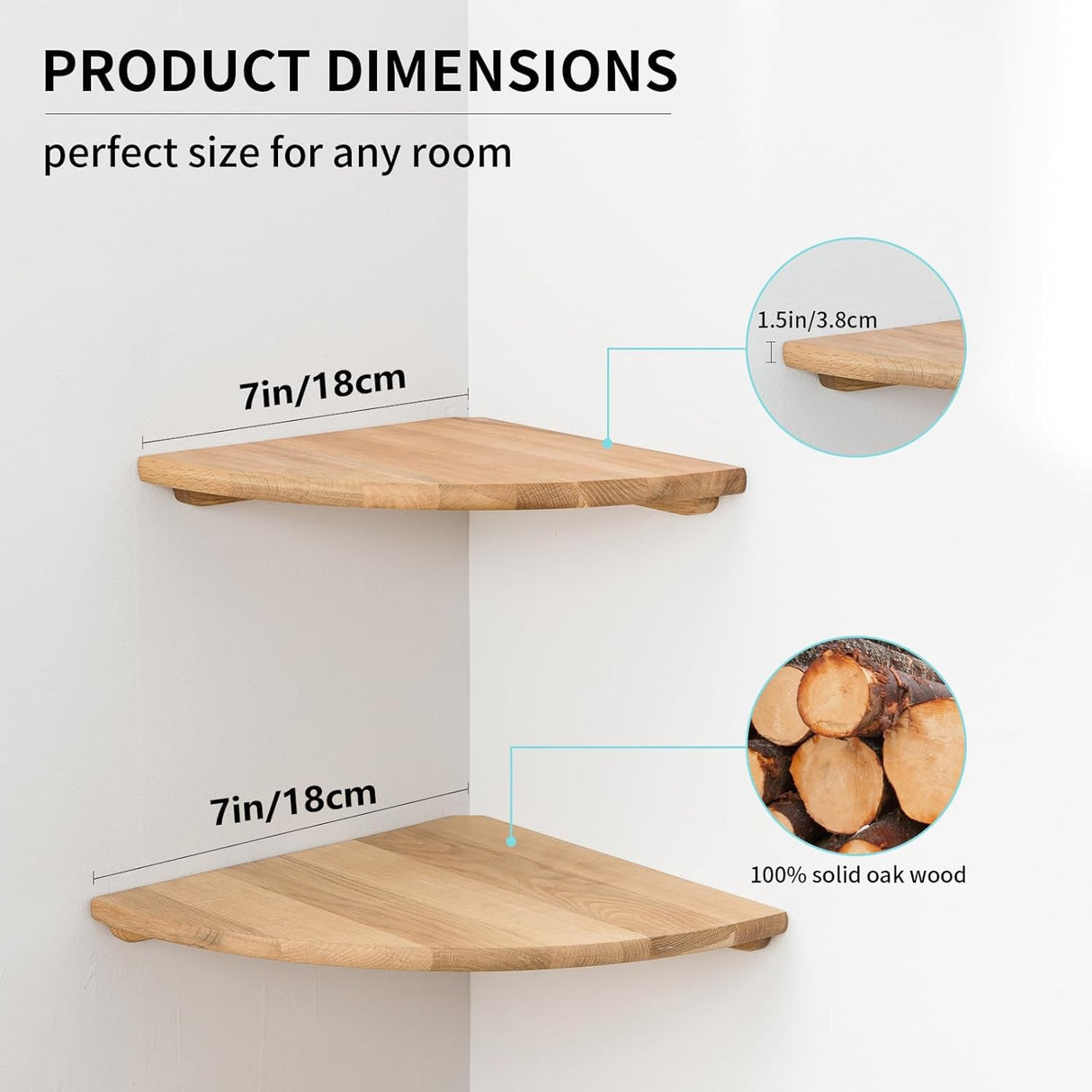 Corner Shelves, Floating Corner Shelf, Set of 2 7inch Solid Oak Wood Wall Shelves, Round End Wall Mount with Wire Hole Shelving for Small Plant for Bedroom Kitchen, Living Room Conamily