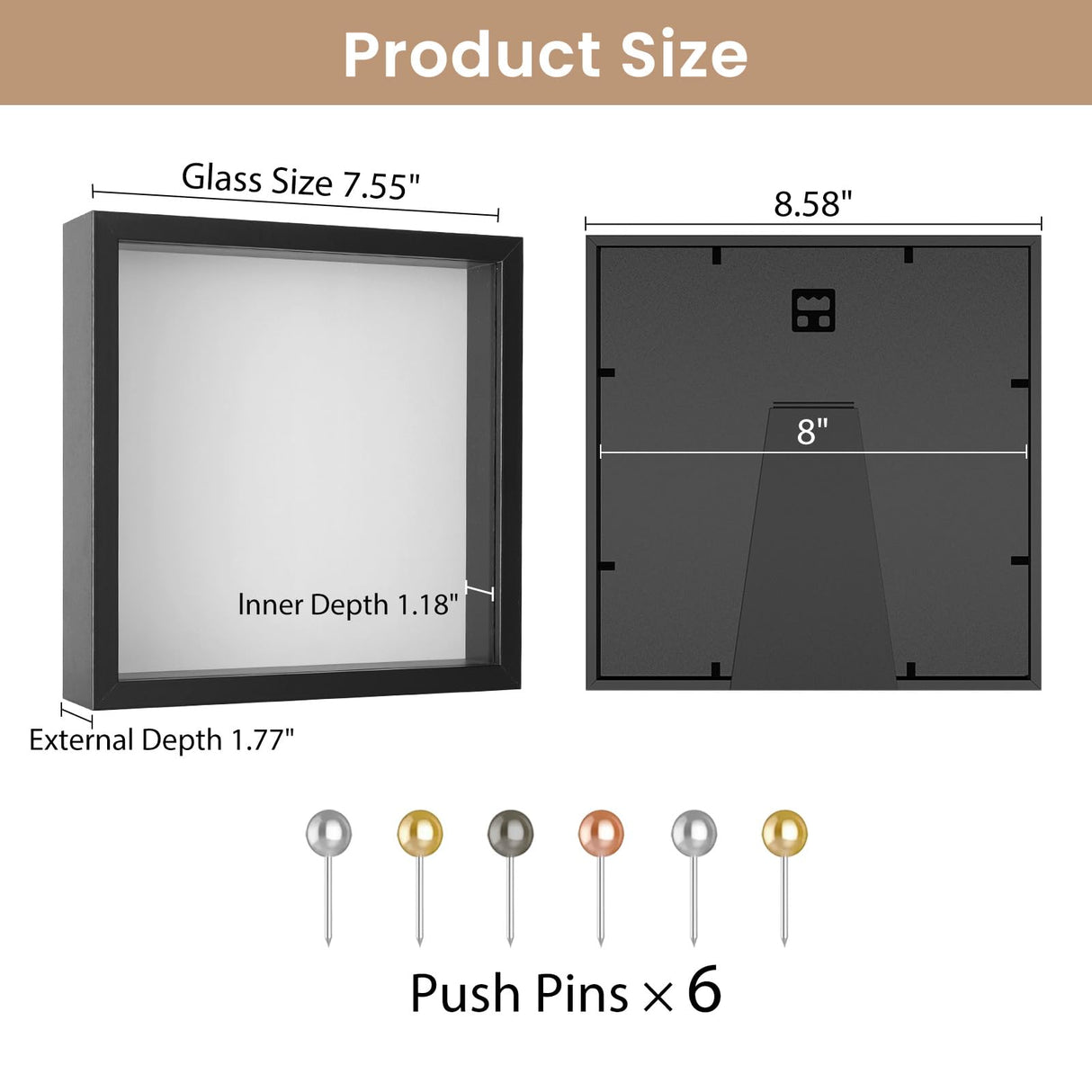 Califortree 8x8 Shadow Box Frame with Soft Linen Back - Push Pins Included, Memory Box Display Case for Flower, Tickets and 3D Items, Black Califortree