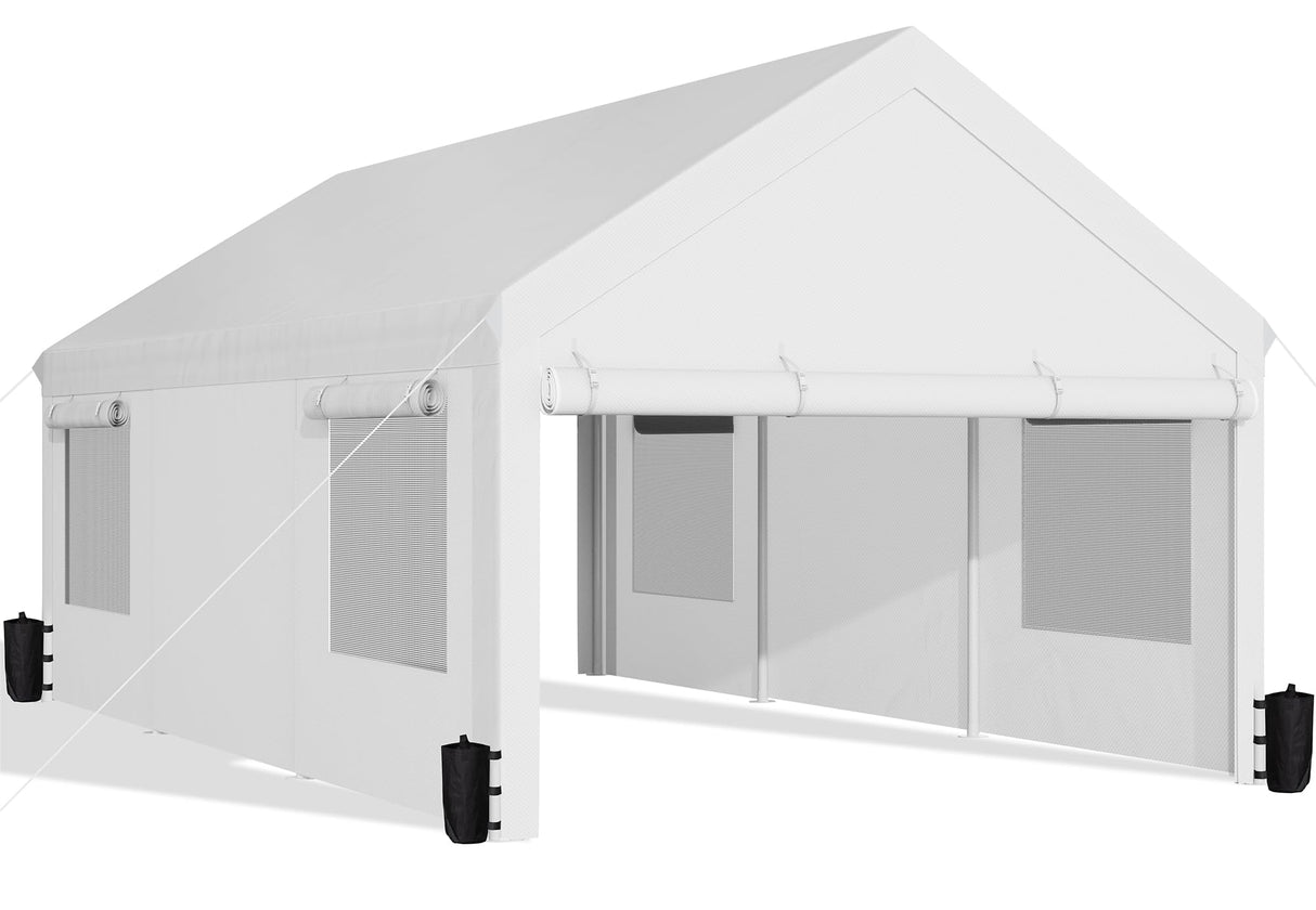 JAMFLY Carport, 12x20 ft Heavy Duty Carport with Roll-up Windows, Portable Garage with Removable Sidewalls & Doors, Car Canopy with Sandbags and All-Season Tarp for Car Boat Truck Motorcycle JAMFLY