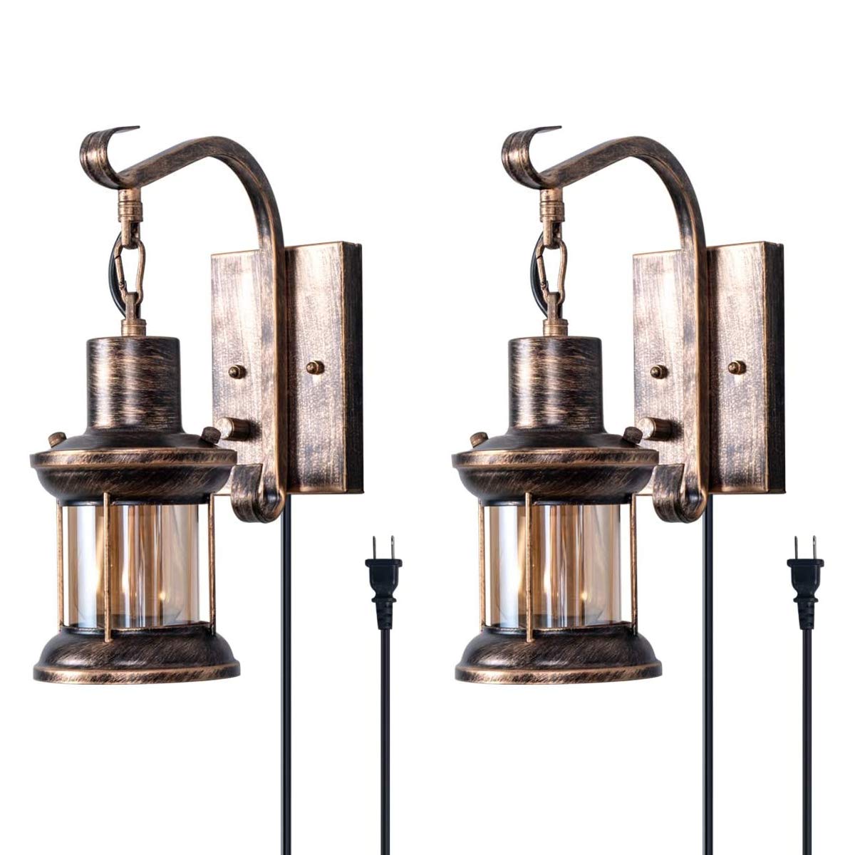 Rustic Wall Light, 2-in-1 Oil Rubbed Bronze Vintage Wall Light Fixtures Plug in Industrial Glass Shade Lantern Lighting Retro Lamp Metal Wall Sconce for Home Bedroom Dining Room Cafe(2 Pack) Yisuro