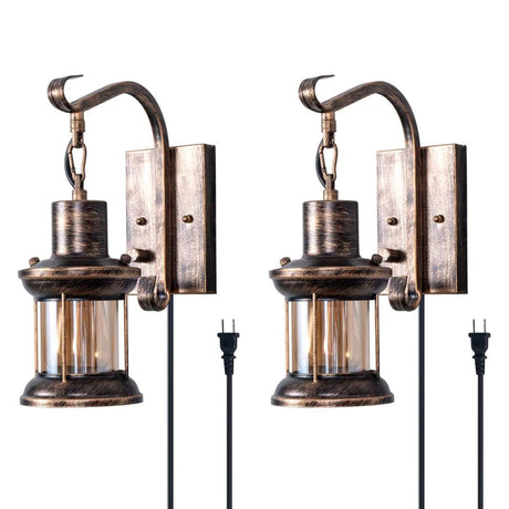 Rustic Wall Light, 2-in-1 Oil Rubbed Bronze Vintage Wall Light Fixtures Plug in Industrial Glass Shade Lantern Lighting Retro Lamp Metal Wall Sconce for Home Bedroom Dining Room Cafe(2 Pack) Yisuro