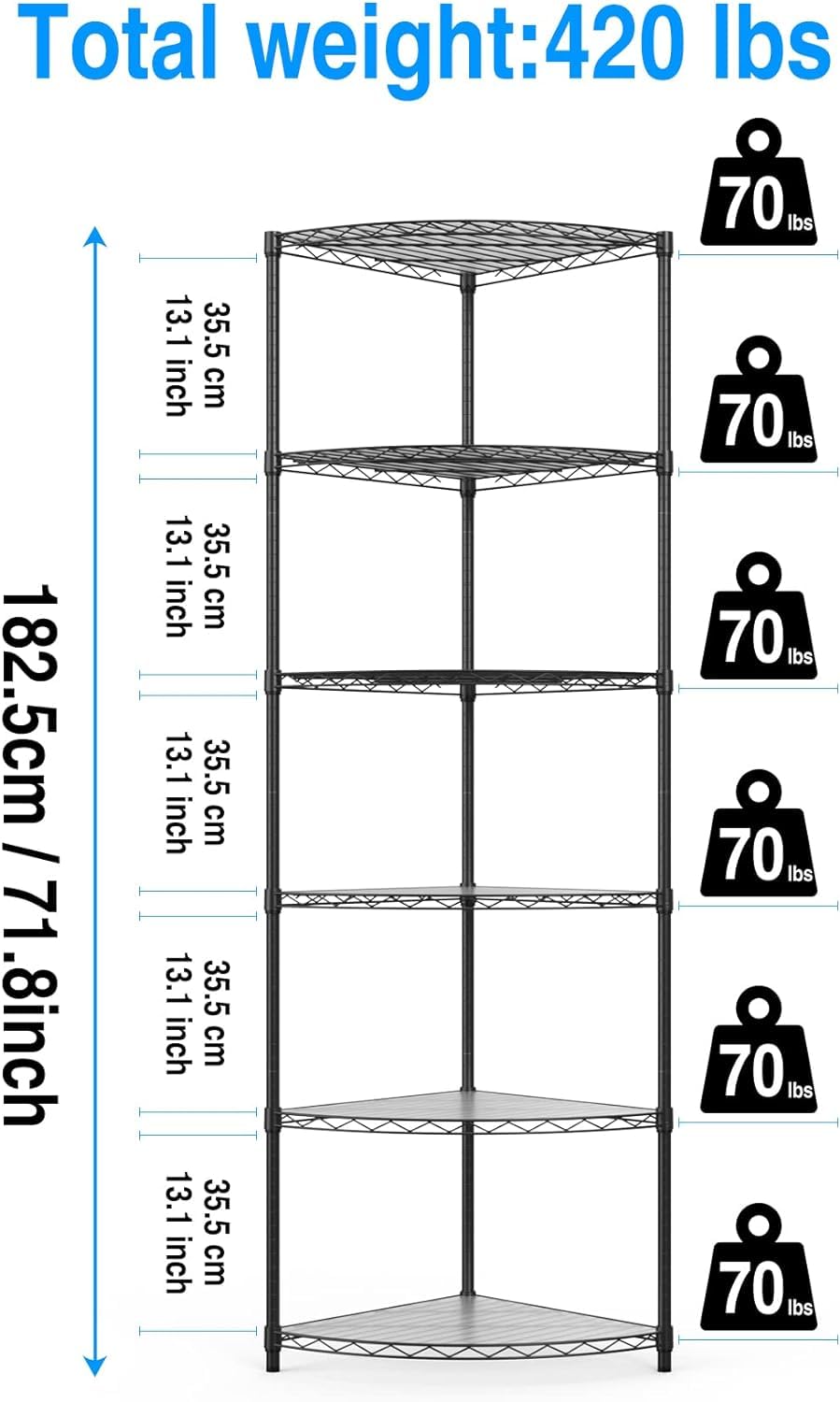 Corner Shelf Wire Shelving Unit, 6 Tier NSF Metal 420lbs Capacity Heavy Duty Adjustable Storage Rack with Shelf Liners for Closet Kitchen Bathroom Garage Basement, 72" H x 18" L x 18" D - Black