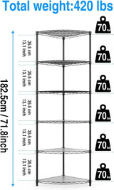 Corner Shelf Wire Shelving Unit, 6 Tier NSF Metal 420lbs Capacity Heavy Duty Adjustable Storage Rack with Shelf Liners for Closet Kitchen Bathroom Garage Basement, 72" H x 18" L x 18" D - Black pouseayar