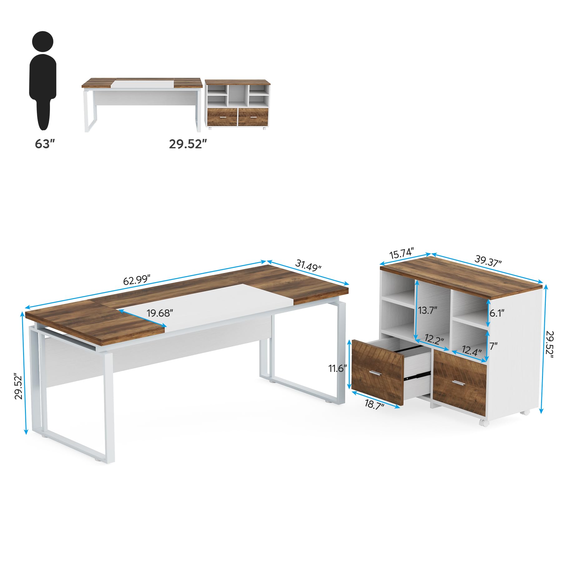 Tribesigns L-Shaped Executive Desk with Reversible File Cabinet, 63" Office Desk with Storage Drawers, Computer Desk Set (Oak Karo & White) - WoodArtSupply