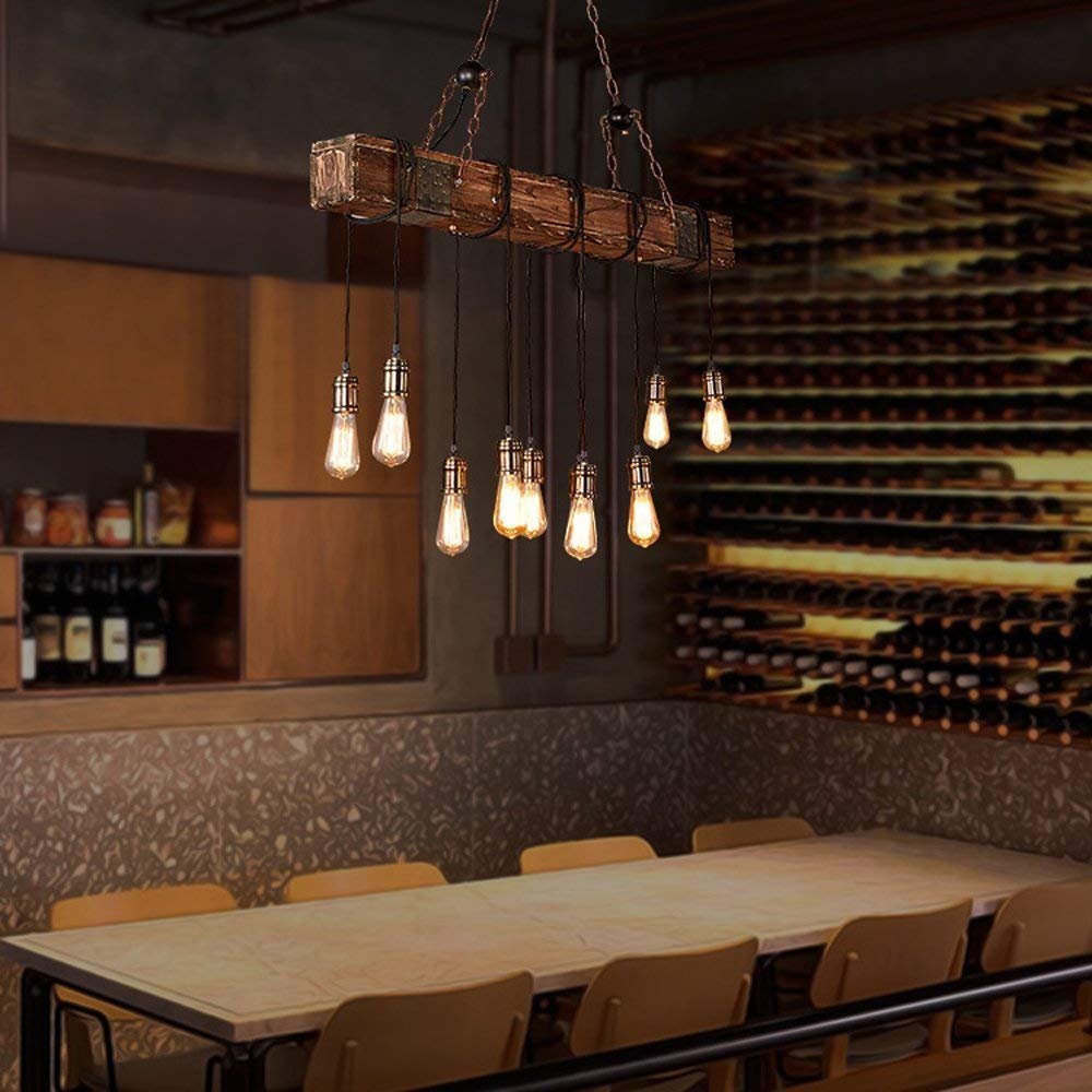 KJLARS Farmhouse Chandelier Wood Hanging Industrial Pendant Lighting Vintage Ceiling Light Fixture 10 Light for Pool Table Kitchen Island Bar Bedroom Dining Living Retro Hanging Lamp (43.31 inches) KJLARS