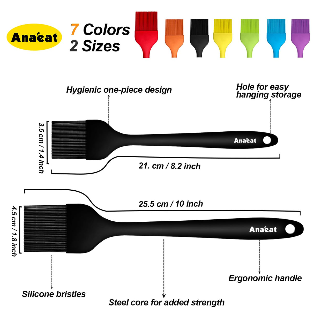Anaeat 2 Pack Silicone Basting Pastry Brushes - Heat Resistant Brush with Soft Bristles, Hygienic One Piece Design, Marinade Brush Great in Baking for Spreading Oil Butter Sauce BBQ Grill (Black) Anaeat