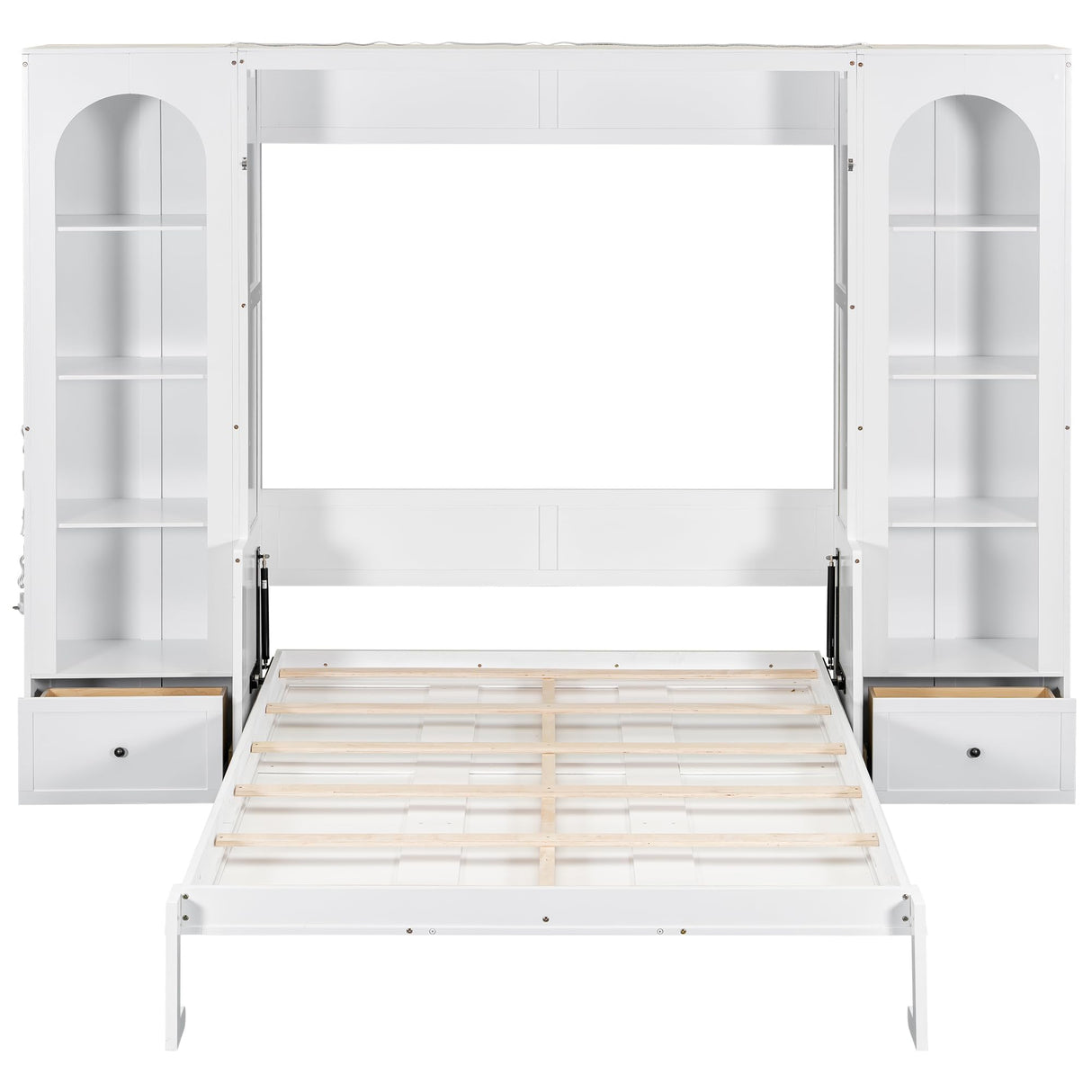 Hlcodca French Style Queen Size Murphy Bed with LED Lights & Storage Shelves - Wall Bed with Bookshelves, Drawers and Desk Space (White2) Hlcodca