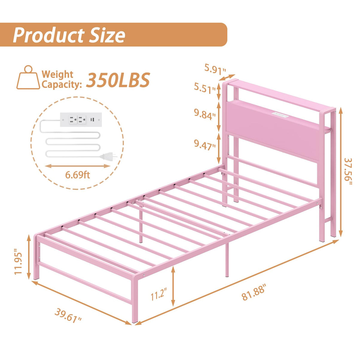 Merronix Twin Bed Frames with Charging Station, 2 Tiers Storage Headboard Twin Sized Bed No Box Spring Needed Heavy Duty Metal Platform Bed for Girls, Pink Merronix