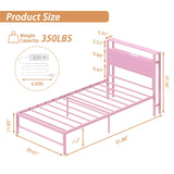 Merronix Twin Bed Frames with Charging Station, 2 Tiers Storage Headboard Twin Sized Bed No Box Spring Needed Heavy Duty Metal Platform Bed for Girls, Pink Merronix