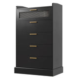 HOSTACK Modern 5 Drawer Dresser, Tall White Dresser Chest of Drawers with Gold Handles, Wood Dresser Storage Cabinet with Anti-Drop Fence & Fluted Glass for Living Room, Hallway, Entryway, Black HOSTACK