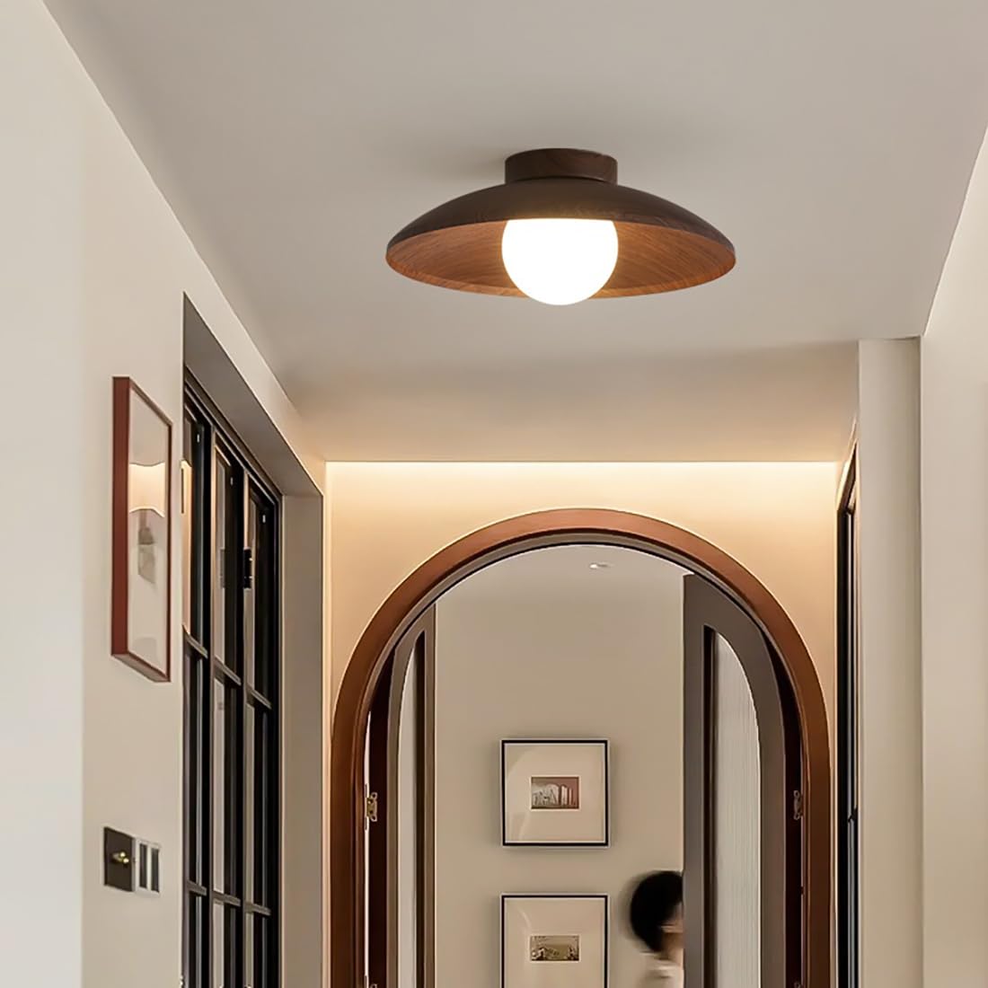 Jowjut Flush Mount Ceiling Light Fixture, Wooden Close to Ceiling Lights, 11.8-inch, Classic Walnut Finish, White Glass Shade, Vintage Light Fixtures for Hallway Living Room Jowjut