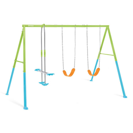 INTEX 44121E Heavy Duty Backyard Three Feature Swing Set: Includes Two Height Adjustable Swings and Glider – Plastisol-Coated Chain – Rust-Resistant Steel Frame – Anchor System – Easy Assembly Intex