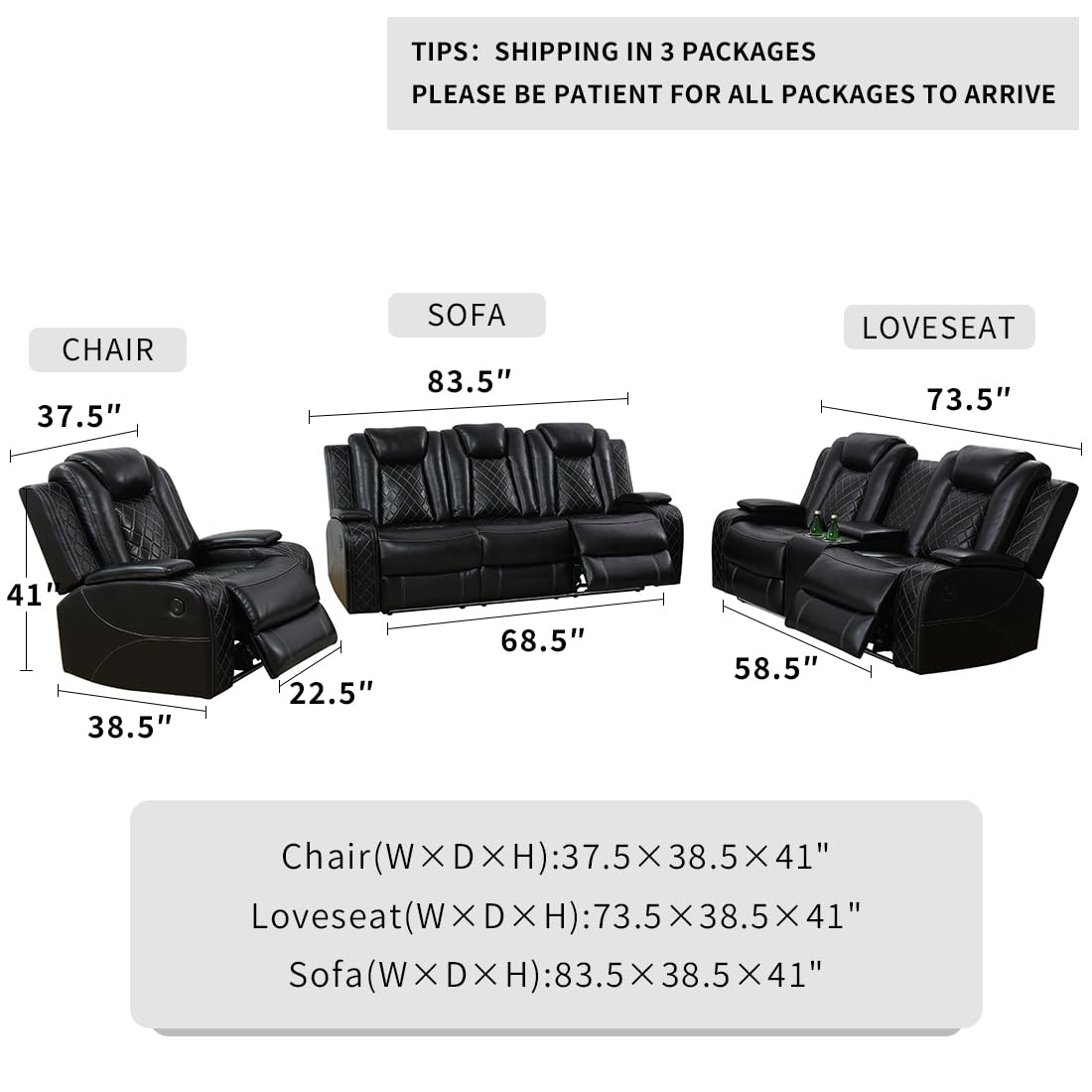 Dekmxas Mordern Breathing Leather Sofa Sets, Living Room Furniture Sets, Power Reclining Sectional Sofa, Loveseat with Cup Holders/Storage Console/LED Light for Living Room Dekmxas