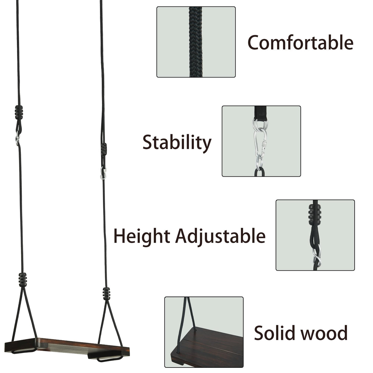 KINSPORY Wooden Swing Seat, Outdoor Swing Set Accessories for Backyard, Height Adjustable Rope with Hanging Tree Straps Kit for Porch Patio Garden Playgroud (Brown) KINSPORY