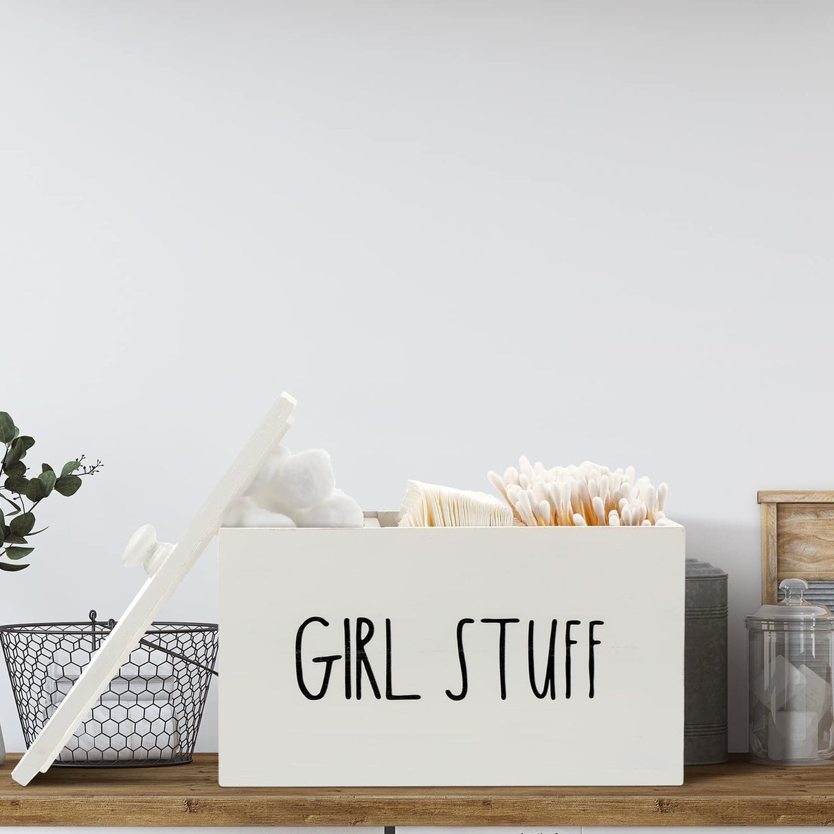 Otuuz Tampon Holder for Bathroom with Lid Tampon Storage Pad Container for Bathroom Feminine Product Organizer Wood Farmhouse Bathroom Organizer Countertop Storage Box Movable Partition(Blank Style) Otuuz