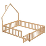 TURRIDU Full Size Montessori House-Shaped Floor Bed with Fence and Door in Natural Wood TURRIDU