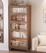 Solid Wood Bookcase 5 Tier Bookshelves with Tempered Glass Flip-Up Doors 72Hx13.7Dx32W" Brown Finish Cube Storage Organizer, Bookshelf Versatile Pantry Cabinet with Storage for Kitchen Home Office AnywaysWood