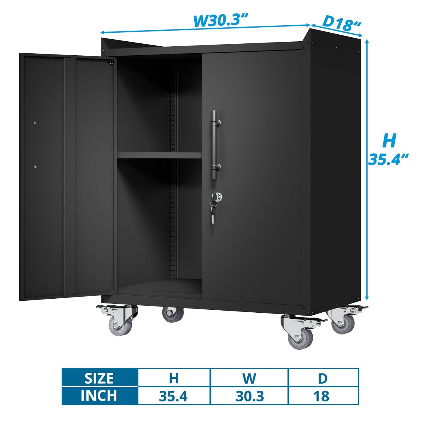 Metal Storage Cabinet Lockable Garage Cabinet with Doors and Adjustable Shelves Rolling Tool Storage Cabinet on Wheels for Garage Office Home Kitchen Gym Pantry, 35.4”Hx 30.3”Wx 18.1”D, Black - WoodArtSupply