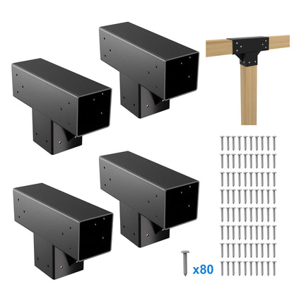 Vlaeng Pergola Kit 4x4", 4 Pcs 3-Way T-Shaped Woodworks Gazebo Brackets Kit with Screws for 4x4(Actual: 3.7x3.7") Wood Beams for Patio Pergola, Log Cabins, Garden, Lumber Gazebo, Black Powder - WoodArtSupply