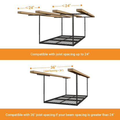 eShelf 3x6ft Overhead Garage Storage Rack, Heavy duty metal garage ceiling storage rack, 22''-40" Adjustable Ceiling Dropdown, 450lbs Loading Weight Capacity, Black